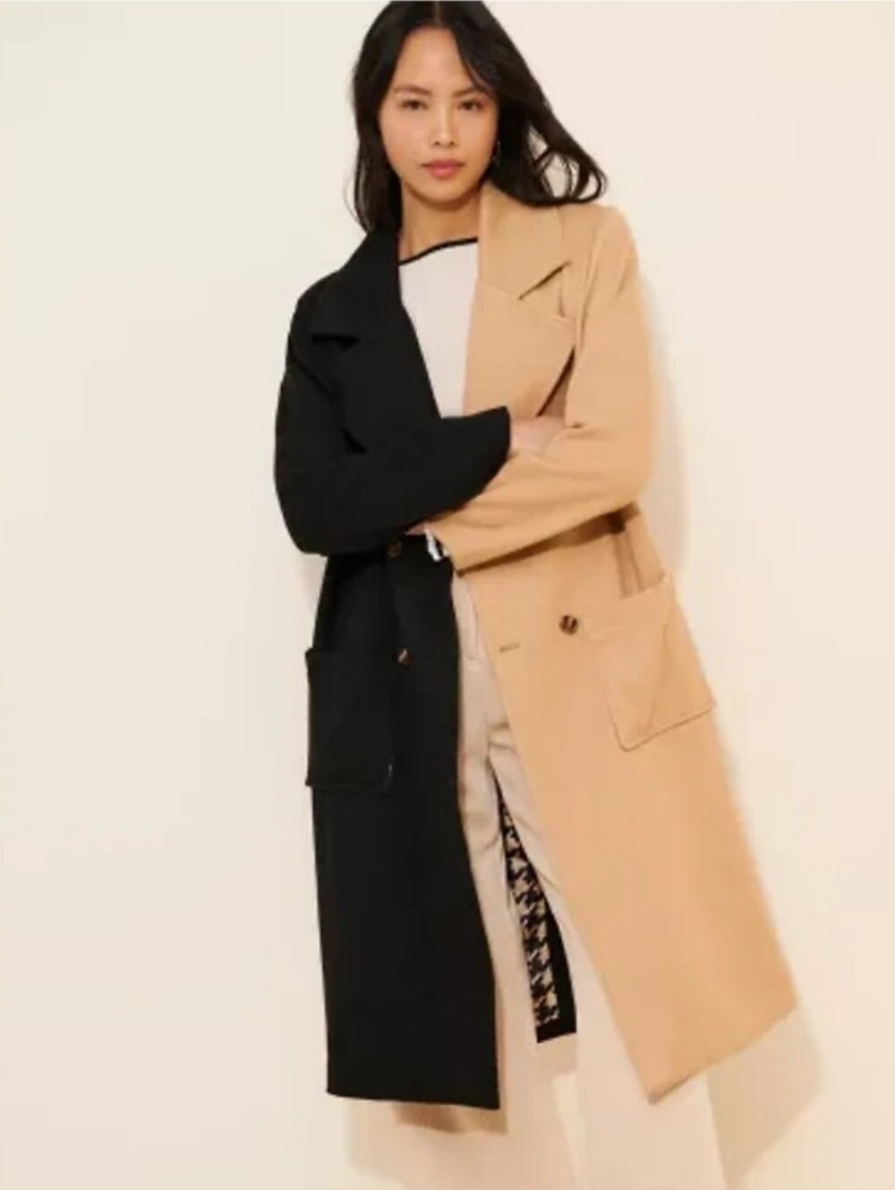 4SI3NNA Two-Tone Black and Camel Long Trench Coat - Women